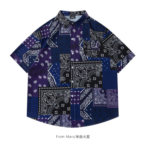 默默守护拼色翻领短袖衬衫宽松