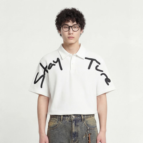 肩侧手写字母polo衫刺绣宽松