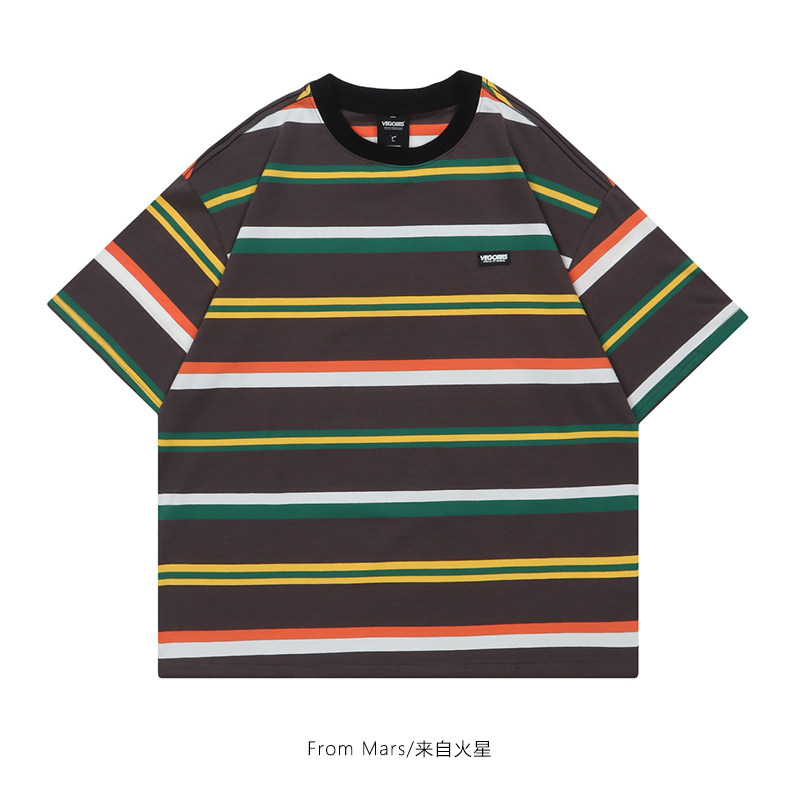 from mars 分布的规律 撞色条纹字母绣标短袖t恤宽松休闲情侣半袖