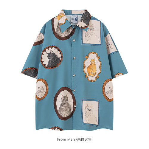 猫咪画像短袖衬衫男女宽松休闲