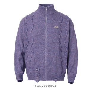 From Mars 仔细观察 复古慵懒风立领拉链开衫针织毛衣宽松情侣BF