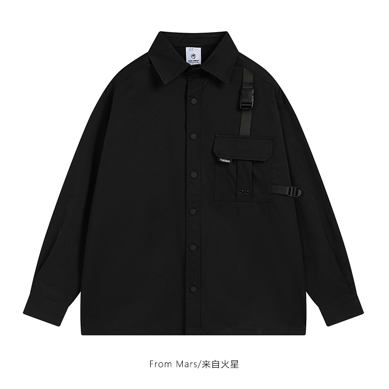 口袋翻领长袖衬衫宽松潮ins