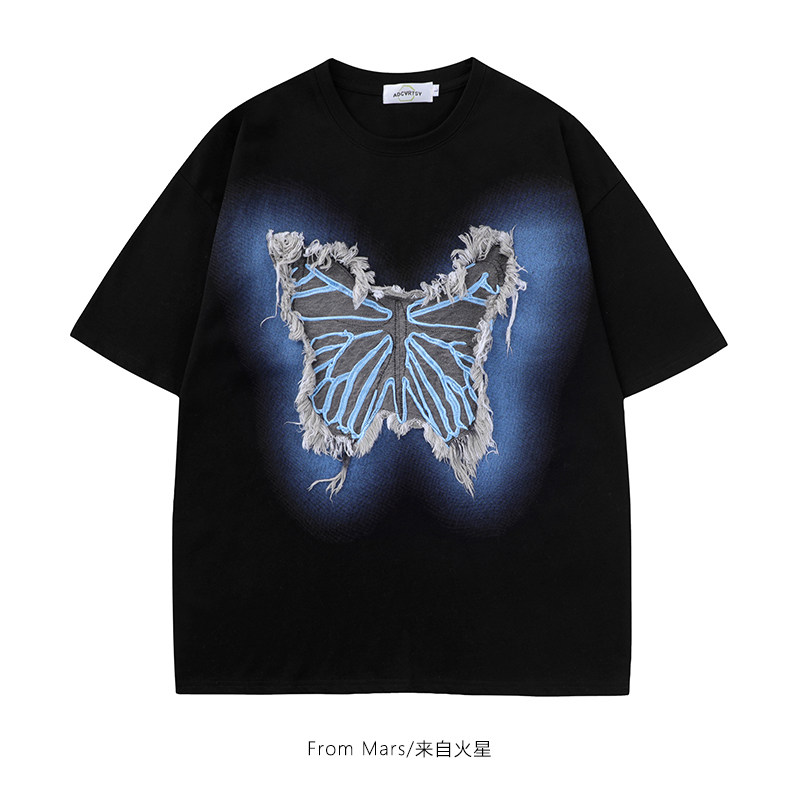 from mars 美式街头毛边蝴蝶贴布短袖t恤潮牌夏季情侣半袖体恤衫