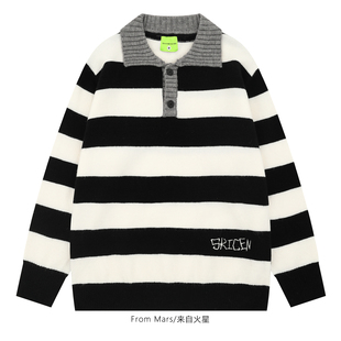 From Mars 澄清一下 条纹撞色印花翻领设计感chic宽松针织衫毛衣