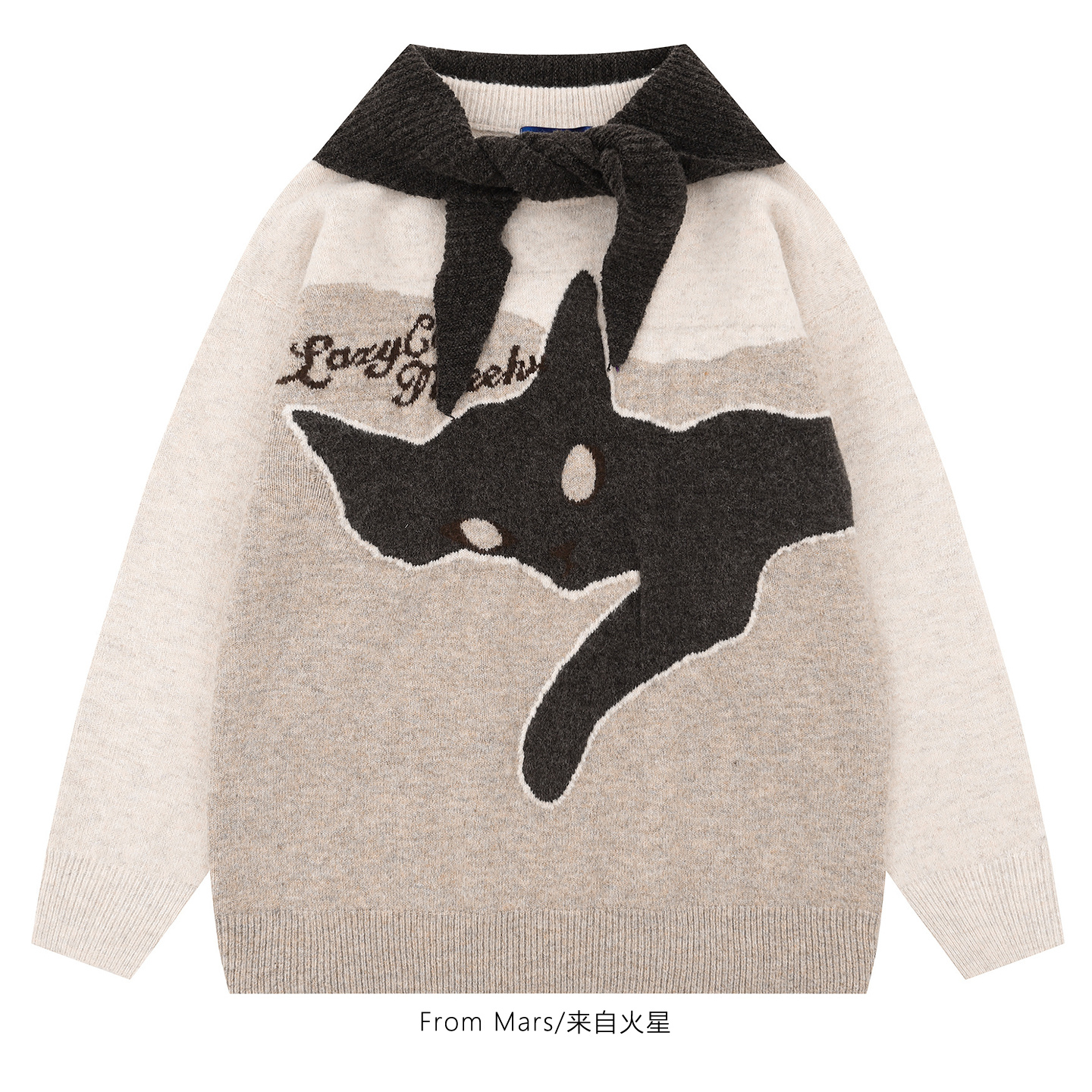 撞色毛衣趣味猫咪披肩宽松针织衫