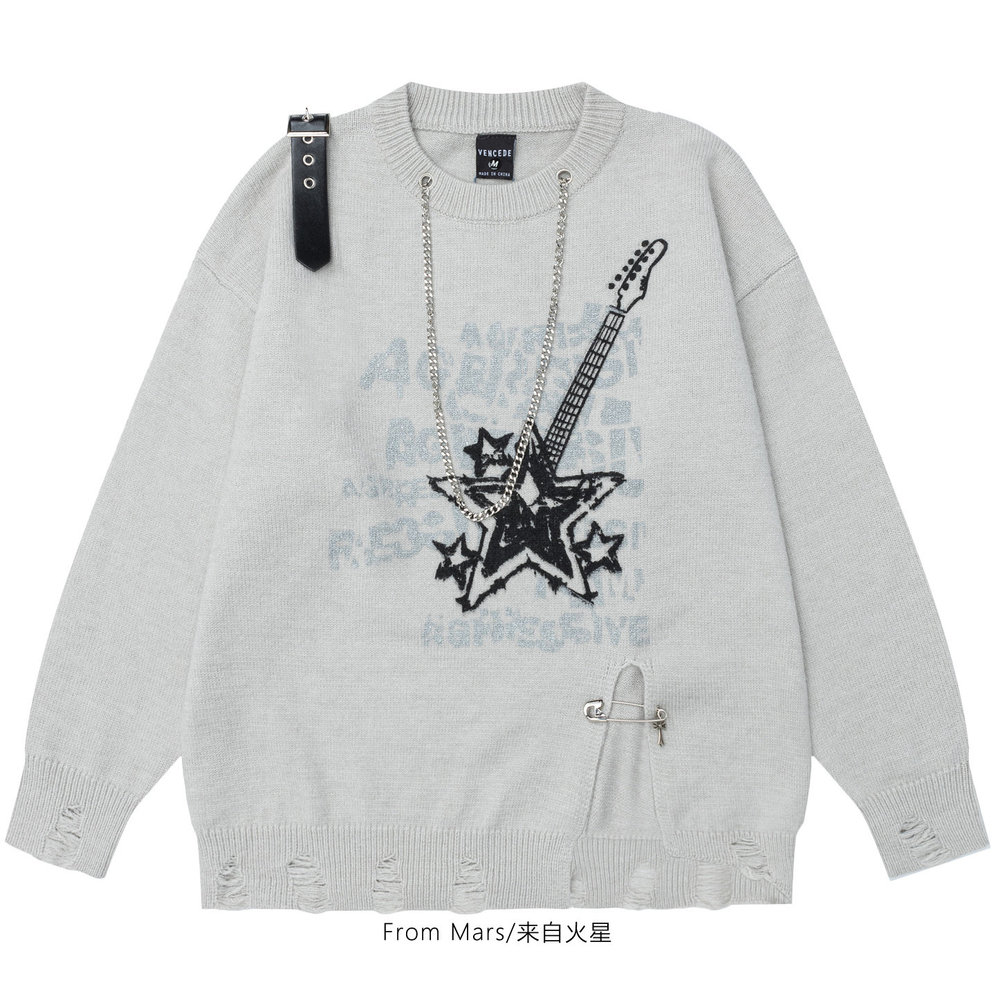 悄悄变好吉他涂鸦休闲宽松毛衣