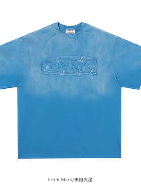 From Mars 荆棘蝴蝶 美式复古字母刺绣渐变水洗短袖T恤宽松情侣bf