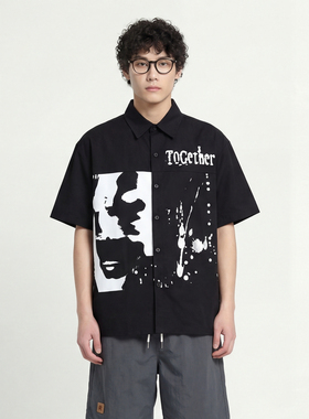 暗黑人脸短袖衬衫TOGETHER字母