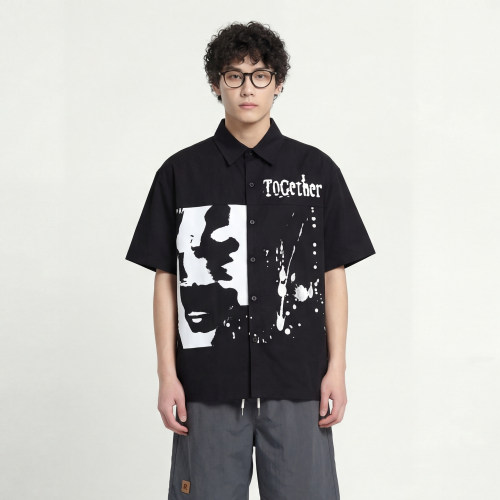 暗黑人脸短袖衬衫TOGETHER字母
