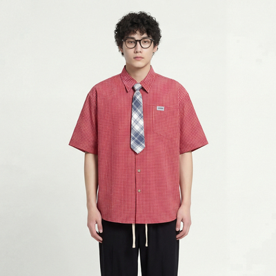 热气腾腾格子宽松休闲短袖衬衫