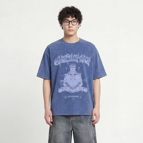 做旧人像水洗短袖T恤设计感男女