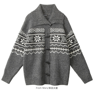 From Mars 迎接九月 美式牛角扣慵懒宽松撞色费尔岛针织衫毛衣BF