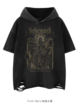 From Mars 没有怀疑 美式做旧印花破洞设计感vibe宽松连帽短袖T恤