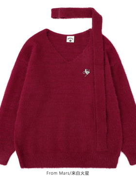 From Mars 未来日子 国潮牌复古围巾V领宽松红色慵懒毛衣女百搭BF