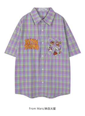 From Mars 紫色韵味 复古多巴胺韩系bf格纹卡通宽松休闲短袖衬衫