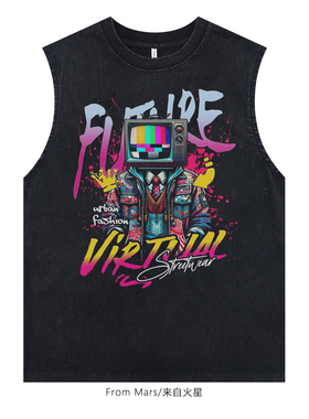 From Mars 街头顽童 黑色印花无袖背心女夏季宽松潮牌t恤潮酷高街