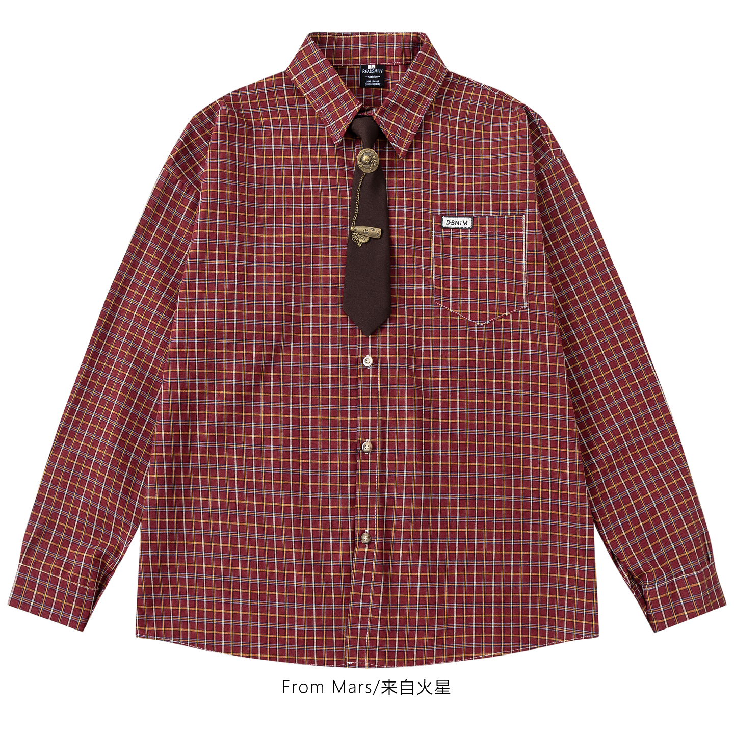 格子设计感宽松bf情侣长袖衬衫