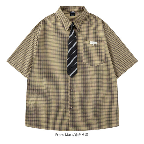 喜欢初夏复古格子领带短袖衬衫