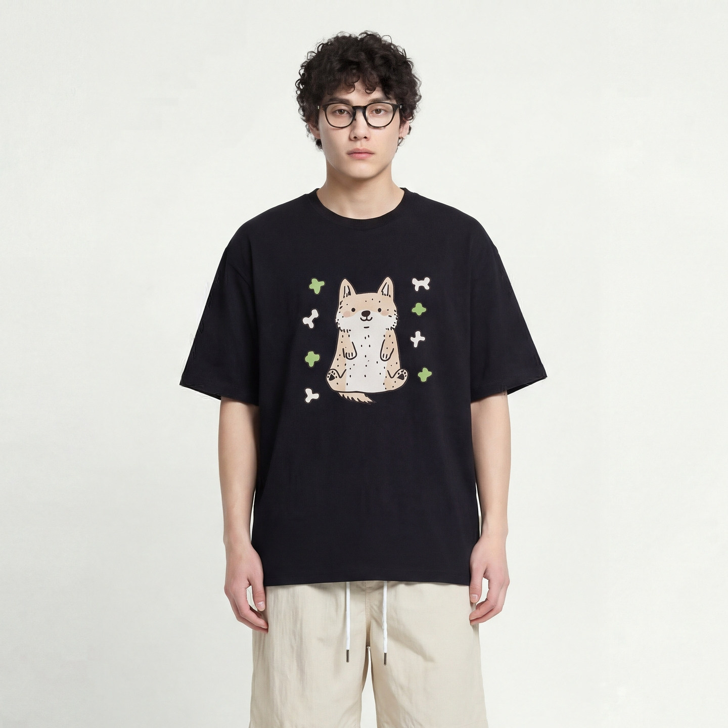 From Mars 柴犬骨头 日系可爱印花短袖重磅宽松黑色T恤