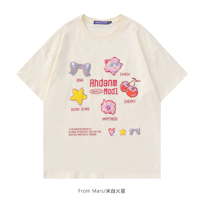 from mars 甜蜜选择 日系可爱卡通字母印花短袖t恤宽松情侣上衣bf