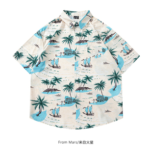 夏威夷海滩椰子树休闲慵懒小众衬衫 风平浪静 ins情侣潮 Mars From