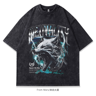 气鼓鼓的宽松水洗做旧短袖T恤潮