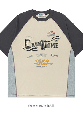 From Mars 如此不同 美式复古拼接撞色字母小众圆领短袖T恤百搭潮