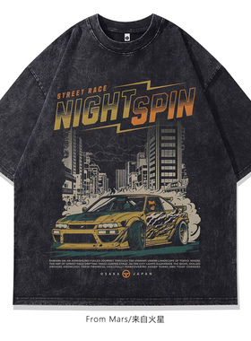 From Mars 落日飞车 美式高街潮牌黑色短袖男女痞帅宽松印花t恤夏