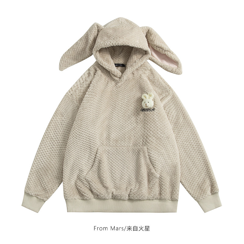 from mars不要吃兔兔 潮牌创意兔耳朵立体装饰羊羔绒连帽卫衣男女