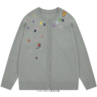 From Mars 保持童真 韩系小众卡通刺绣针织衫慵懒宽松毛衣外套BF