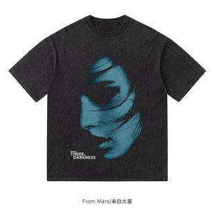 潮牌高街人物印花复古水洗做旧宽松短袖 From 脸 Mars T恤夏 俊美