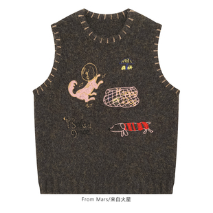 From Mars 秘密海域 日系复古卡通涂鸦刺绣针织外搭休闲背心毛衣