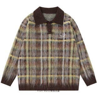From Mars 无比期待 新款撞色格子针织衫男女宽松翻领毛衣ins潮牌
