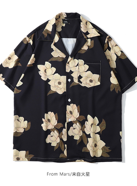 From Mars夜半花开 油画印花古巴领短袖衬衣男宽松痞帅夏威夷开衫