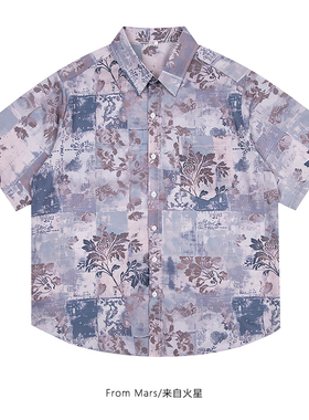 From Mars 紫色天空 复古花卉印花vintage休闲设计感衬衫情侣夏季
