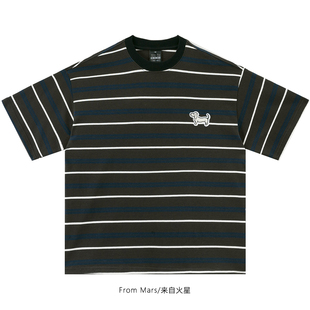 小众复古条纹设计感小狗刺绣宽松短袖 讲不完 T恤男女 Mars From