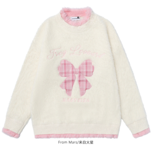 From Mars 自然是你 日系街头格子蝴蝶结贴布刺绣宽松圆领毛衣女