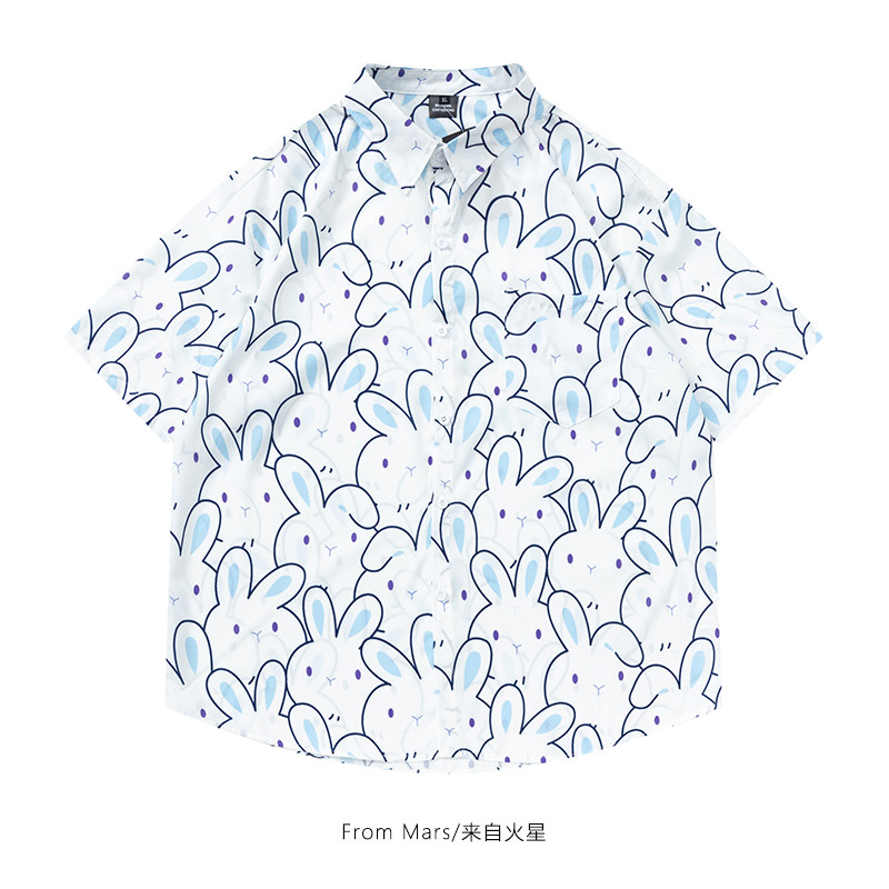 From Mars 日系趣味满印兔子衬衫宽松情侣学院风休闲百搭短袖衬衣