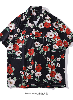 From Mars 复古红色花朵满印衬衣潮牌宽松小众艺术感夏威夷风衬衫