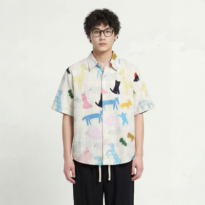 比赛谁快撞色印花宽松短袖衬衫