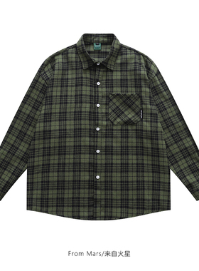 From Mars 不够上心 日系复古绿色格子衬衫外套宽松休闲长袖衬衣