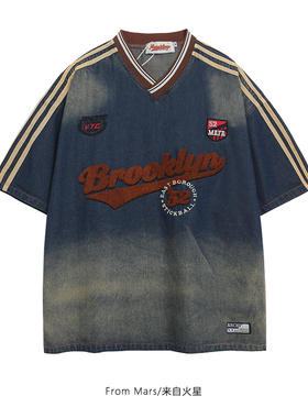 From Mars 答应的事 美式复古水洗撞色学院风牛仔夏季宽松短袖T恤