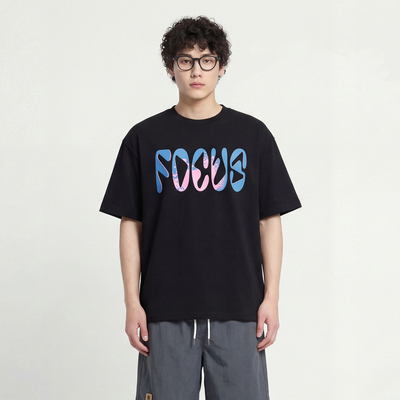 撞色FOCUS字母印花短袖T恤上衣