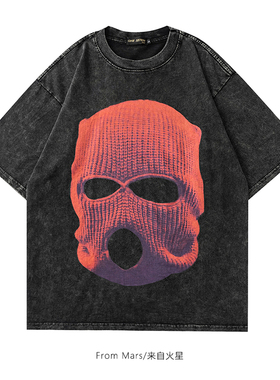 From Mars 红色面具 美式嘻哈高街水洗做旧短袖T恤宽松情侣上衣潮