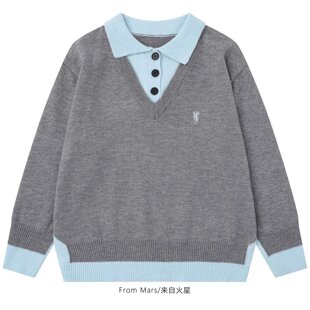 From Mars 一阵雨后 高街撞色假两件设计感翻领针织衫新款毛衣BF