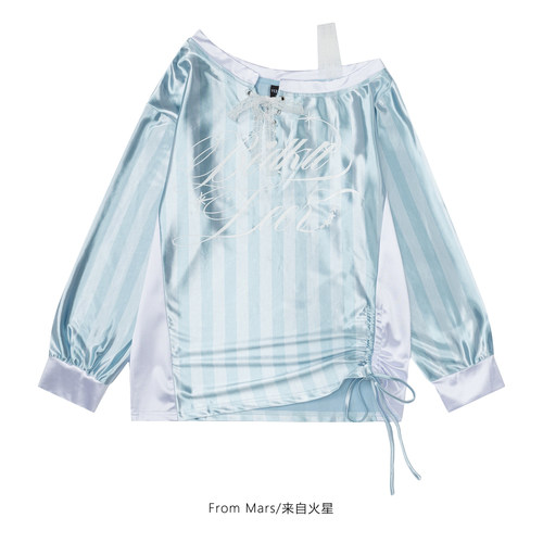 在忙什么条纹宽松女露肩长袖T恤