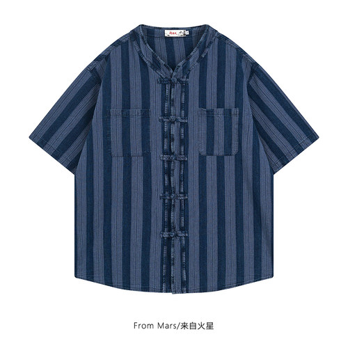 牛仔盘扣宽松短袖衬衫夏情侣