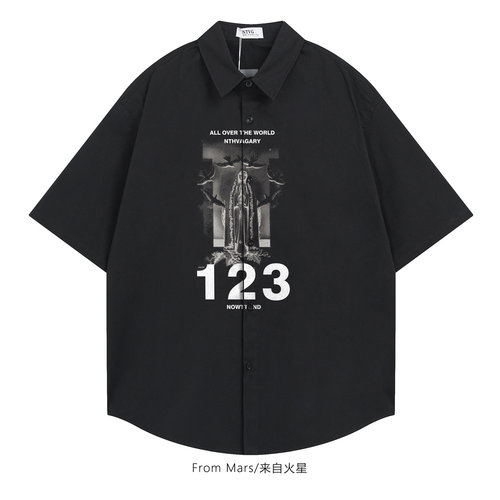 白鸽印花宽松BF短袖衬衫数字
