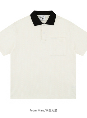 From Mars 收获幸福 国潮简约撞色拼接翻领短袖T恤宽松休闲上衣BF