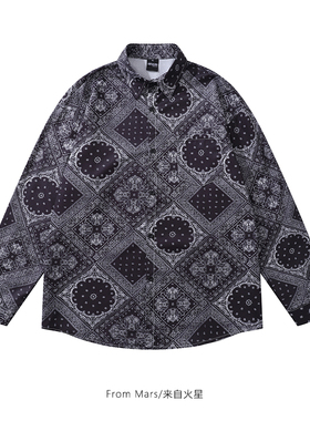 From Mars 灰色的夜幕 欧美潮牌创意满印宽松bf情侣休闲长袖衬衫